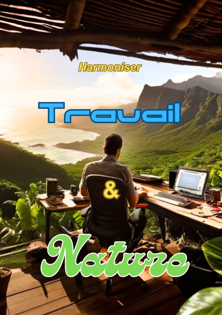 une personne assise à un bureau avec des appareils électroniques, regardant depuis un espace de travail en plein air surélevé vers une vue pittoresque de montagnes vertes et d’un plan d’eau. Le cadre suggère une harmonie entre le travail et la nature. Les mots “Harmoniser Travail & Nature” sont superposés sur l’image, indiquant que le thème ou le message de l’image est d’intégrer la vie professionnelle avec les environs naturels.