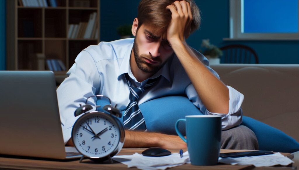 Image d’un individu stressé travaillant tard dans la nuit dans son bureau à domicile. L’individu, apparaissant fatigué, repose sa tête dans sa main devant un ordinateur portable ouvert. Sur le bureau, on peut voir un tas de papiers éparpillés, une tasse bleue et une horloge analogique indiquant environ 10h10. L’éclairage de la pièce et la fenêtre sombre en arrière-plan suggèrent qu’il travaille tard dans la nuit. Cette image pourrait être utilisée pour illustrer des sujets liés au stress au travail, aux longues heures de travail nocturnes ou aux défis de la gestion du temps.
